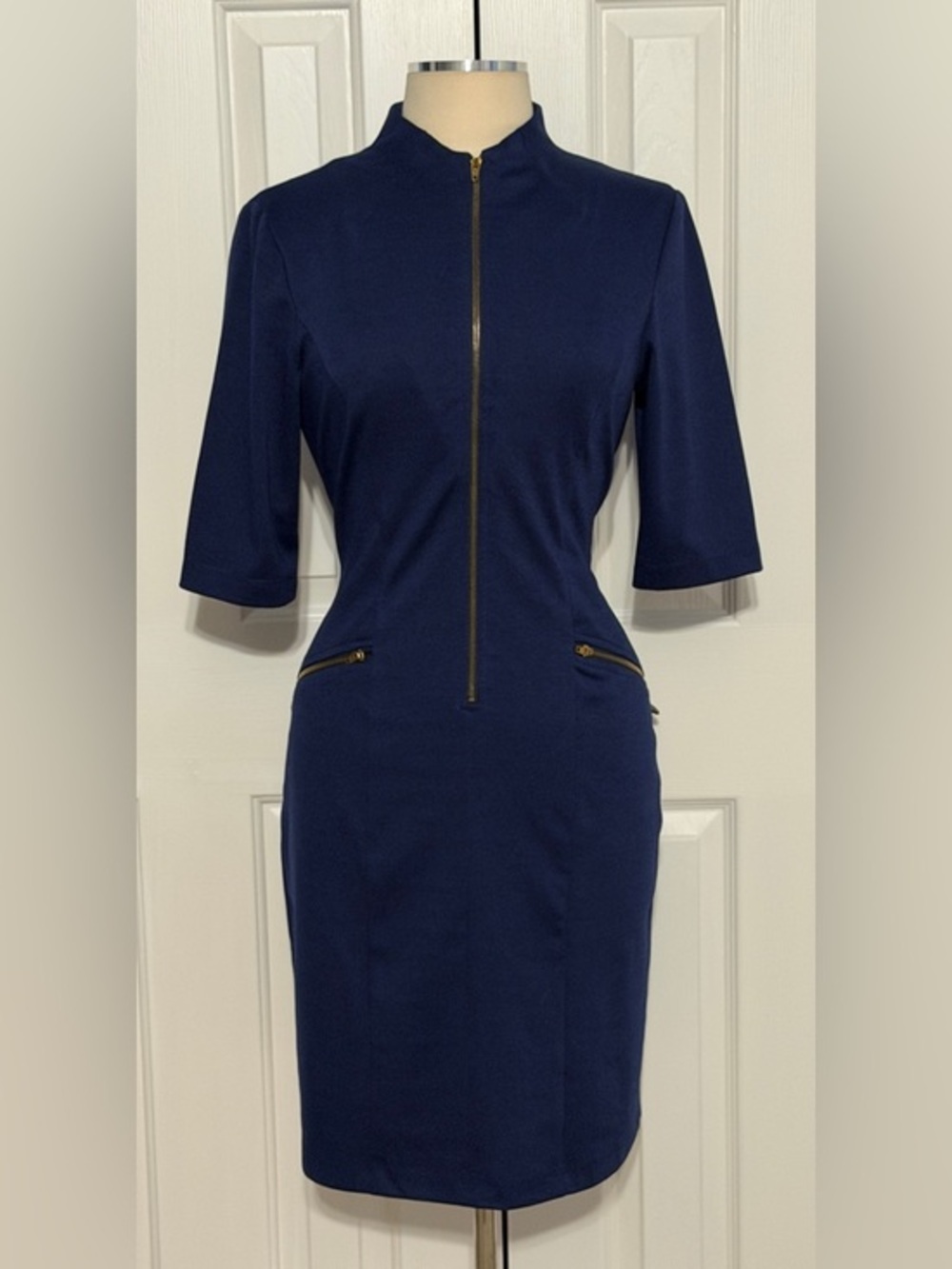 Connected Apparel Navy Zip Front Sheath Dress Size 10 Gold Zipper Pockets